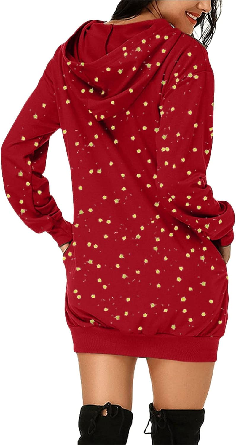 woobles Hoodie Dress, Womens Hoodie Dress Christmas Pattern Print Polyester Casual for Shopping - Image 2